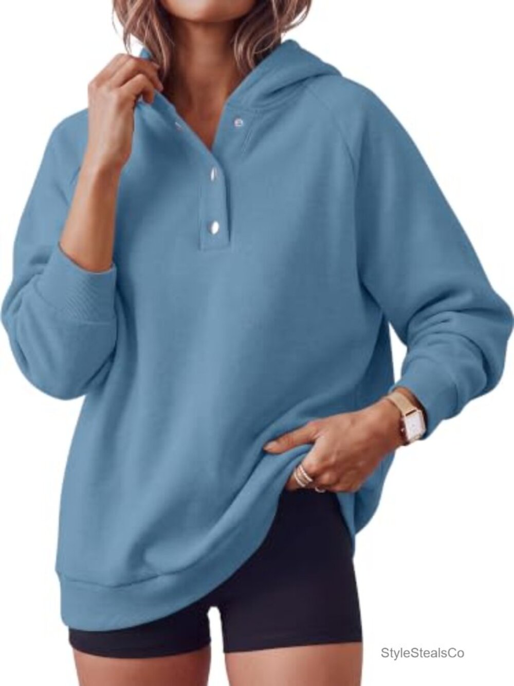 Oversized V Neck Henley Hoodie Rayon Polyester Casual Sweatshirt